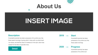 About Us
A wonderful serenity has taken possession of my entire soul, like
these sweet mornings of spring which I enjoy with my whole heart.
I am alone, and feel the charm of existence in this spot, which was
created for the bliss of souls like mine.
Description 2019
A wonderful serenity has taken
possession of my entire soul, like
these sweet mornings
Start
2020
A wonderful serenity has taken
possession of my entire soul
Progress
Detail
 