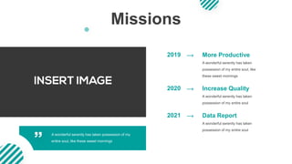 Missions
2019
A wonderful serenity has taken
possession of my entire soul, like
these sweet mornings
More Productive
2020
A wonderful serenity has taken
possession of my entire soul
Increase Quality
2021
A wonderful serenity has taken
possession of my entire soul
Data Report
A wonderful serenity has taken possession of my
entire soul, like these sweet mornings
 