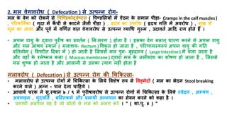 2. मल वेगावरोध ( Defecation ) से उत्पन्न रोग-
मल क
े वेग को रोकने से त्तपजण्िकोद्वेष्िन ( त्तपण्िमलयों में ऐंठन क
े समान पयडा- Cramps in the calf muscles )
, पररकतििका ( गुदा में कैं चय से कािने जैसय पयडा ) , हृदय का उपरोध ( हृदय गति में अवरोध ) , मुख से
मूल का आना और पूवि में वर्णिि वाि वेगावरोध से उत्पन्न व्याधध गुल्म , उदाविि आहद राग िोिे िैं ।
• अपान वायु क
े द्वारा पुरीष का रवििन ( तनाःसरण ) िोिा िै । इसका वेग बलाि् धारण करने से अपान वायु
और मल आश्रय स्थान ( मलाशय- Rectum ) त्तवकृ ि िो जािा िै , पररणामस्वरूप अपान वायु की गति
रतिलोम ( त्तवपरीि हदशा में ) िो जािय िै जजससे मल पुनाः बृिदान्त्र ( Large intestine ) में चला जािा िै
और विााँ क
े श्लेष्मल कला ( Mucous membrane ) द्वारा मल क
े जलीयांश का शोषण िो जािा िै , जजससे
मल शुष्क िो जािा िै और आसानय से उसका त्याग निीं िोिा िै
मलावरोध ( Defecation ) से उत्पन्न रोग की धचककत्सा-
• मलावरोध से उत्पन्न रोगों में धचककत्सा क
े मलये त्तवशेष रूप से त्तवड्मेदों ( मल का भेदन Stool breaking
करने वाले ) अन्न - पान देना चाहिये ।
• आचायि चरक ने सू.स्थान ७ / ९ में पुरीषावरोध से उत्पन्न रोगों में धचककत्सा क
े मलये स्वेदन , अभ्यंग ,
अवगािन , गुदवतिि , बजस्िकमि और रमाथय अन्नपान का सेवन करने को किा िै ।
• रमाथय अन्रपान वि िै जो स्रोिों से मल को अलग करे । " ( शा.पू. ४ ) "
 