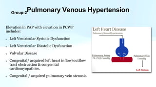 Group:2
Elevation in PAP with elevation in PCWP
includes:
Left Ventricular Systolic Dysfunction
Left Ventricular Diastolic Dysfunction
Valvular Disease
Congenital/ acquired left heart inflow/outflow
tract obstruction & congenital
cardiomyopathies.
Congenital / acquired pulmonary vein stenosis.
Pulmonary Venous Hypertension
 