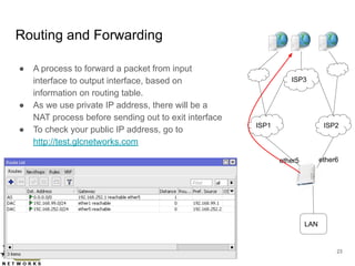 www.glcnetworks.com
Routing and Forwarding
● A process to forward a packet from input
interface to output interface, based...