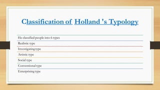 Classification of Holland 's Typology
He classified people into 6 types
Realistic type
Investigatingtype
Artistic type
Social type
Conventionaltype
Enterprising type
 