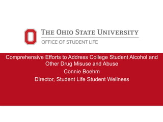 Comprehensive Efforts to Address College Student Alcohol and 
Other Drug Misuse and Abuse 
Connie Boehm 
Director, Student Life Student Wellness 
 