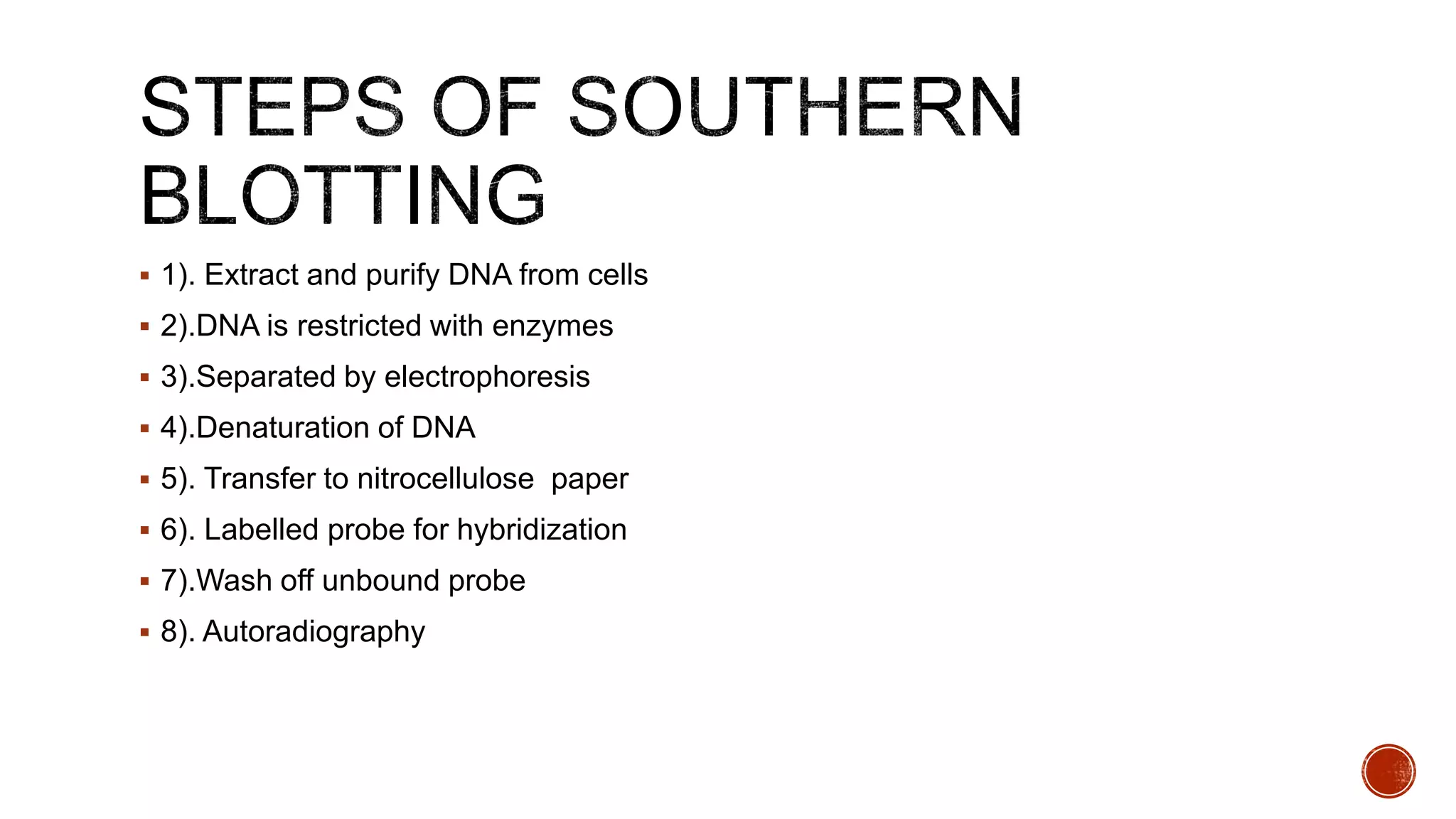  1). Extract and purify DNA from cells
 2).DNA is restricted with enzymes
 3).Separated by electrophoresis
 4).Denaturation of DNA
 5). Transfer to nitrocellulose paper
 6). Labelled probe for hybridization
 7).Wash off unbound probe
 8). Autoradiography
 