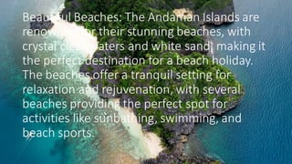 Beautiful Beaches: The Andaman Islands are
renowned for their stunning beaches, with
crystal clear waters and white sand, making it
the perfect destination for a beach holiday.
The beaches offer a tranquil setting for
relaxation and rejuvenation, with several
beaches providing the perfect spot for
activities like sunbathing, swimming, and
beach sports.
 