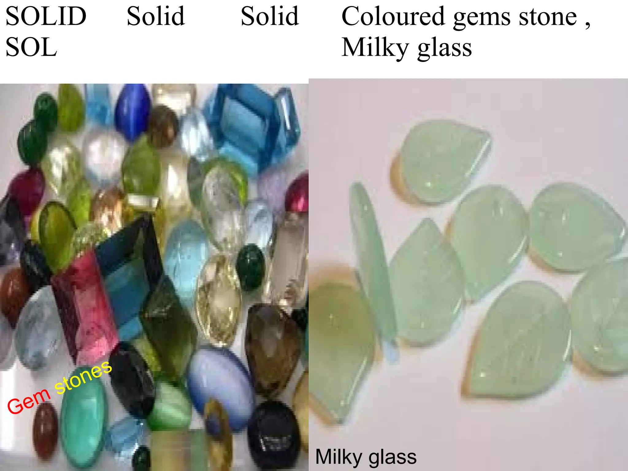 SOLID
SOL
Solid Solid Coloured gems stone ,
Milky glass
Gem stones
Milky glass
 