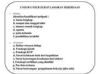 UNSUR-UNSUR SURAT LAMARAN PEKERJAAN
1. Identitas
Identitas/kualifikasi meliputi :
a. nama lengkap
b. tempat dan tanggal lahir
c. alamat rumah lengkap
d. agama
e. jenis kelamin
f. pendidikan terakhir
2. Isi Lampiran
a. Daftar riwayat hidup
b. Fotokopi ijazah
c. Fotokopi KTP
d. Surat kelakuan baik dari kepolisian
e. Surat keterangan kesehatan dari dokter
f. Fotokopi sertifikat yang dimiliki
g. Pas foto terbaru
h. Surat keterangan pengalaman bekerja (jika ada)
 