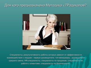 Для кого предназначена Методика «7Радикалов?Для кого предназначена Методика «7Радикалов?
Специалисты, результативность раб...