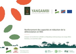 Renforcement des capacités et réduction de la
déforestation en RDC
Analyser et transformer la REDD+ en République démocratique du Congo (RDC)
Kinshasa, 12 novembre 2020
Paolo Omar Cerutti
p.cerutti@cgiar.org
 