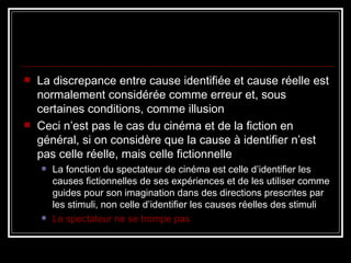 La discrepance entre cause identifiée et cause réelle est normalement considérée comme erreur et, sous certaines conditions, comme illusion  Ceci n’est pas le cas du cinéma et de la fiction en général, si on considère que la cause à identifier n’est pas celle réelle, mais celle fictionnelle La fonction du spectateur de cinéma est celle d’identifier les causes fictionnelles de ses expériences et de les utiliser comme guides pour son imagination dans des directions prescrites par les stimuli, non celle d’identifier les causes réelles des stimuli Le spectateur ne se trompe pas 