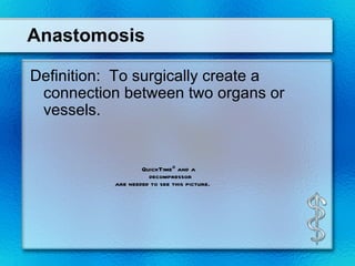 Anastomosis

Definition: To surgically create a
 connection between two organs or
 vessels.


                   QuickTime...