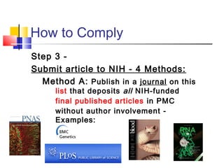 How to Comply
Step 3 -
Submit article to NIH - 4 Methods:
Method A: Publish in a journal on this
list that deposits all NIH-funded
final published articles in PMC
without author involvement -
Examples:
 