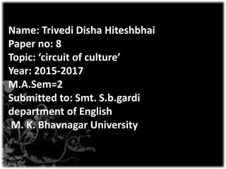 Name: Trivedi Disha Hiteshbhai
Paper no: 8
Topic: ‘circuit of culture’
Year: 2015-2017
M.A.Sem=2
Submitted to: Smt. S.b.gardi
department of English
M. K. Bhavnagar University
 