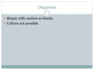 Diagnosis
 Biopsy with caution as bleeds.
 Culture not possible.
 