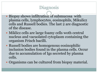 Diagnosis
 Biopsy shows infiltration of submucosa with
plasma cells, lymphocytes, eosinophils, Mikulicz
cells and Russell bodies. The last 2 are diagnostic
of the disease.
 Miklicz cells are large foamy cells woth central
nucleus and vacuolated cytoplasm containing the
organism Frisch bacilli.
 Russell bodies are homogenous eosinophilic
inclusion bodies found in the plasma cells. Occur
due to accumulation of Igs secreted by plasma
cells.
 Organisms can be cultured from biopsy material.
 