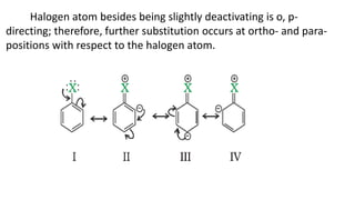 Halogen atom besides being slightly deactivating is o, p-
directing; therefore, further substitution occurs at ortho- and para-
positions with respect to the halogen atom.
 