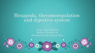 Hexapoda, theromoregulation
and digestive system
Name : Iqra Mushtaq
Roll no: 2101506-124
Presented to: Ms. Kanwal Nisa
 
