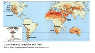Disturbution of non polar arid lands.
Source :https://pubs.usgs.gov/gip/deserts/what/world.html
 