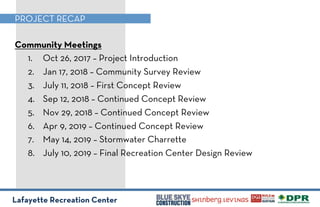 Lafayette Recreation Center
PROJECT RECAP
Community Meetings
1.! Oct 26, 2017 – Project Introduction
2.! Jan 17, 2018 – Community Survey Review
3.! July 11, 2018 – First Concept Review
4.! Sep 12, 2018 – Continued Concept Review
5.! Nov 29, 2018 – Continued Concept Review
6.! Apr 9, 2019 – Continued Concept Review
7.! May 14, 2019 – Stormwater Charrette
8.! July 10, 2019 – Final Recreation Center Design Review
 
