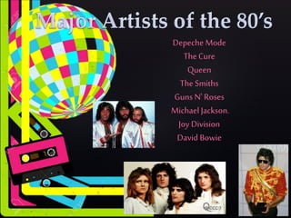 Depeche Mode
The Cure
Queen
The Smiths
Guns N' Roses
Michael Jackson.
Joy Division
David Bowie
 