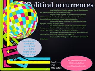 Inthe1980s'historicaltimeline,MargaretThatcher,RonaldReagan,
andMikhailGorbachevwerethethreeleadingnames.
MargaretThatcherreignedasthePrimeMinisterthroughoutthe
1880’sin Britain.She wastheonlyladytoeverholdthepositionandwentonto
become thelongest-servingprimeministerintheUnitedKingdom.
RonaldReaganwasthePresidentoftheUnitedStatesforaround
eightyears,spanningamajorityofthisera.
JohnLennon,leadvocalistfromtheever-famousandlovedband
Beatles,wasshotdeadbyMarkChapmanon December8, in NewYorkCity.The
murdererlaterpleaded"notguilty"bystatinginsanityasthereason.
HostagestakencaptivefromtheUSembassyinTehranwerefinally
releasedbyIranon January20, 1981afteratotalof444days.
OnJanuary20, RonaldReaganwasusheredin asthePresidentofthe
UnitedStates.
An extremely
harsh heat
wave killed
over 1,250
people in the
United States.
Over9,000wereinjuredand
3,000werekilledbya
powerfulearthquakeinItaly.
• Smallpox
was
eradicated
 