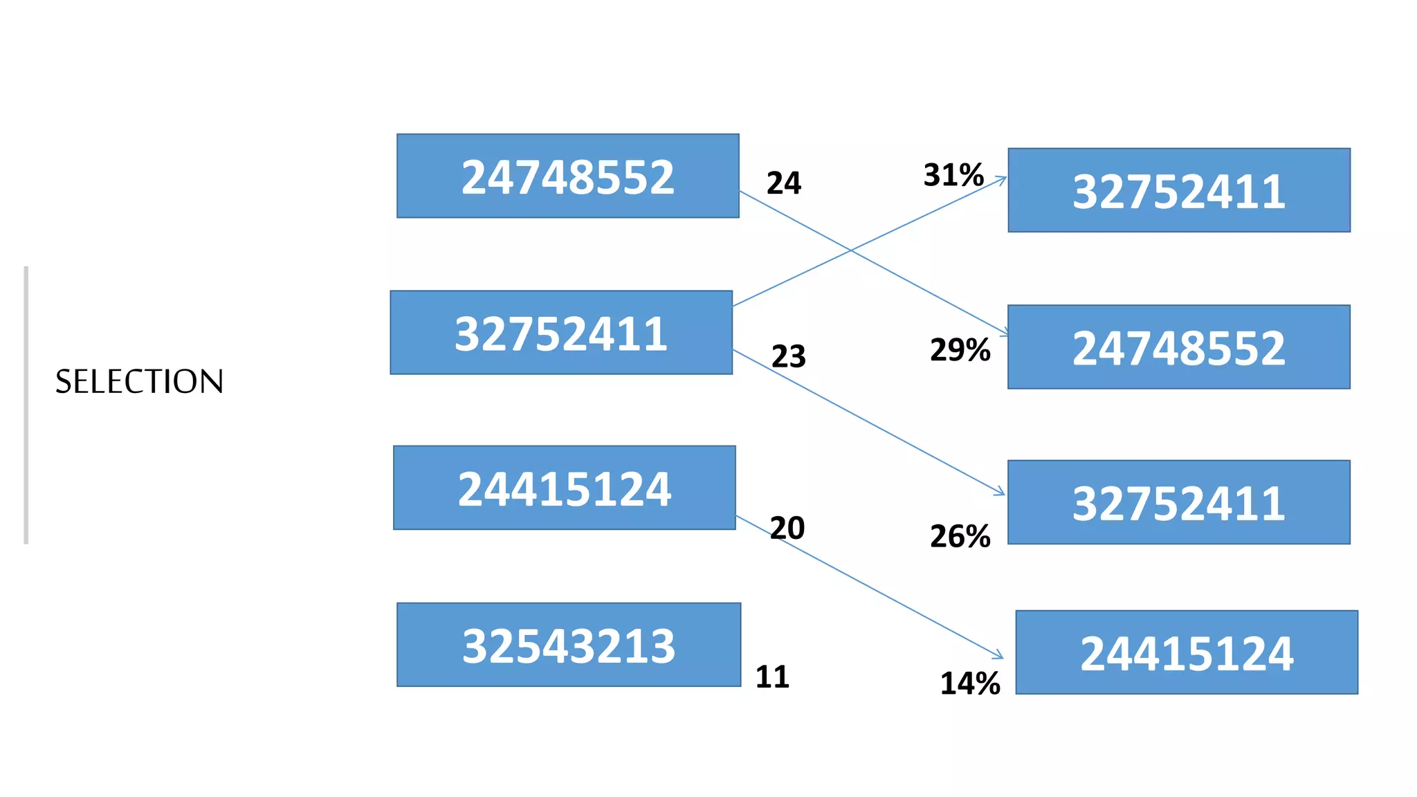24748552
32752411
24415124
32543213
24
23
20
11
31%
29%
26%
14%
32752411
24748552
32752411
24415124
SELECTION
 
