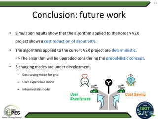 Conclusion: future work
• Simulation results show that the algorithm applied to the Korean V2X
project shows a cost reduction of about 60%.
• The algorithms applied to the current V2X project are deterministic.
=> The algorithm will be upgraded considering the probabilistic concept.
• 3 charging modes are under development.
– Cost saving mode for grid
– User experience mode
– Intermediate mode
23
User
Experiences
Cost Saving
 