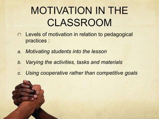 MOTIVATION IN THE
CLASSROOM
Levels of motivation in relation to pedagogical
practices :
a. Motivating students into the lesson
b. Varying the activities, tasks and materials
c. Using cooperative rather than competitive goals

 