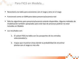 Para FIGS en Modela…
 Necesitará una tabla para accesiones con el rasgo y otra sin el rasgo
 Funcionará como un SDM para...
