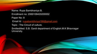 Name: Rupa Bambhaniya B.
Enrollment no: 2069108420200002
Paper No: 8
Email Id : rupabambhniya166@gmail.com
Topic : The Circuit of culture.
Smitteditted: S.B. Gardi department of English.M.K Bhavnagar
University.
 