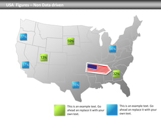 USA Figures – Non Data driven




       77%
                                59%

                                                                56%

                 13%

        17%

                                                                 32%


                                    76%




                                This is an example text. Go            This is an example text. Go
                                ahead an replace it with your          ahead an replace it with your
                                own text.                              own text.
 