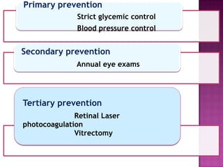Primary prevention
               Strict glycemic control
               Blood pressure control


Secondary prevention
               Annual eye exams




Tertiary prevention
              Retinal Laser
photocoagulation
              Vitrectomy
 