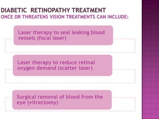 Laser therapy to seal leaking blood
vessels (focal laser)



Laser therapy to reduce retinal
oxygen demand (scatter laser)




Surgical removal of blood from the
eye (vitrectomy)
 
