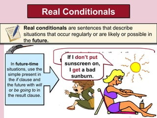 Real Conditionals
Real conditionals are sentences that describe
situations that occur regularly or are likely or possible in
the future.

In present-time
In future-time
situations, use the
simple present in
the if clause and
both clauses to
the futurehabitual
describe with will
or or regularly in
be going to
occurring actions.
the result clause.

If we don’t get to the station on
If I don’t put
time, the train will leave without us.
sunscreen on,
I get a bad
sunburn.

 