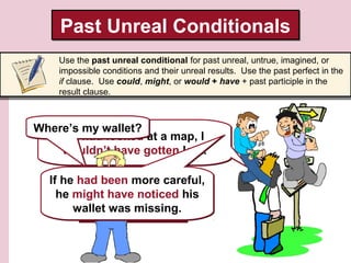 Past Unreal Conditionals
Use the past unreal conditional for past unreal, untrue, imagined, or
impossible conditions and their unreal results. Use the past perfect in the
if clause. Use could, might, or would + have + past participle in the
result clause.

Where’s my wallet?
If I had looked at a map, I
wouldn’t have gotten lost.
If he had been more careful,
he might have noticed his
He didn’t look at a map,
walletso he got lost.
was missing.

 