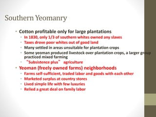Southern Yeomanry 
• Cotton profitable only for large plantations 
• In 1830, only 1/3 of southern whites owned any slaves 
• Taxes drove poor whites out of good land 
• Many settled in areas unsuitable for plantation crops 
• Some yeoman produced livestock over plantation crops, a larger group 
practiced mixed farming 
• “Subsistence plus” agriculture 
• Yeoman (freely owned farms) neighborhoods 
• Farms self-sufficient, traded labor and goods with each other 
• Marketed surplus at country stores 
• Lived simple life with few luxuries 
• Relied a great deal on family labor 
 