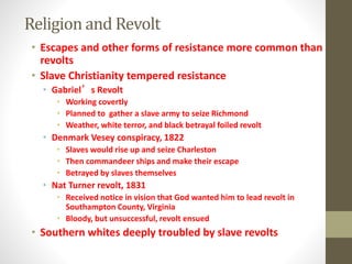 Religion and Revolt 
• Escapes and other forms of resistance more common than 
revolts 
• Slave Christianity tempered resistance 
• Gabriel’s Revolt 
• Working covertly 
• Planned to gather a slave army to seize Richmond 
• Weather, white terror, and black betrayal foiled revolt 
• Denmark Vesey conspiracy, 1822 
• Slaves would rise up and seize Charleston 
• Then commandeer ships and make their escape 
• Betrayed by slaves themselves 
• Nat Turner revolt, 1831 
• Received notice in vision that God wanted him to lead revolt in 
Southampton County, Virginia 
• Bloody, but unsuccessful, revolt ensued 
• Southern whites deeply troubled by slave revolts 
 