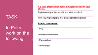 TASK
In Pairs:
work on the
following:
A 3 slide presentation about a magazine show of your
choice.
Explain what you like about it and what you don't
How you might improve it or create something similar
Explain how it uses:
- VTs
- Audience interaction
- Presentation
- Technology
 