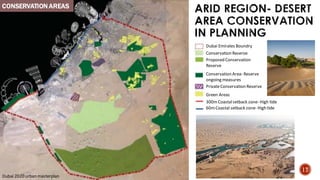ARID REGION- DESERT
AREA CONSERVATION
IN PLANNING
Dubai Emirates Boundry
Conservation Reserve
Proposed Conservation
Reserve
Conservation Area- Reserve
ongoing measures
PrivateConservation Reserve
Green Areas
300mCoastalsetback zone- High tide
60mCoastal setback zone- High tide
CONSERVATION AREAS
17
Dubai 2020 urban masterplan
 