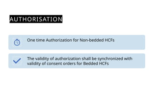 AUTHORISATION
One time Authorization for Non-bedded HCFs
The validity of authorization shall be synchronized with
validity of consent orders for Bedded HCFs
 