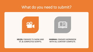 What do you need to submit?
HELEN: FINISHED TV SHOW AND
VT, & COMPLETED SCRIPTS.
HANNAH: FINISHED WORKBOOK
WITH ALL CONTENT COMPLETE.
 