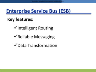 Enterprise Service Bus (ESB)
Key features:
Intelligent Routing
Reliable Messaging
Data Transformation
Presented in Open Source Series Workshop 2010
 