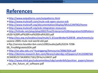 References
http://www.eaipatterns.com/eaipatterns.html
http://www.mulesoft.com/mule-esb-open-source-esb
http://www.mulesoft.org/documentation/display/MULE2INTRO/Home
http://www.mulesoft.org/esb-integration-resources
http://hillside.net/plop/plop2002/final/Enterprise%20Integration%20Pattern
s%20-%20PLoP%20Final%20Draft%203.pdf
http://oss.org.cn/ossdocs/soa/mule/1.3/LoanBroker%20ESB_attachments/ja
vazone-2005-mule-real-world-old.ppt
ftp://service.boulder.ibm.com/s390/audio/pdfs/G224-7298-
00_FinalMigratetoSOA.pdf
http://sei.pku.edu.cn/~huanggang/ibmcourse/2006/SOA.pdf
http://domino.research.ibm.com/library/cyberdig.nsf/papers/C4123D8EF6D
3234E852573A3005C7161/$File/rc24437.pdf
http://www.nitrd.gov/subcommittee/sdp/vanderbilt/position_papers/steven
_ray_the_future_of_software.pdf
Presented in Open Source Series Workshop 2010
 