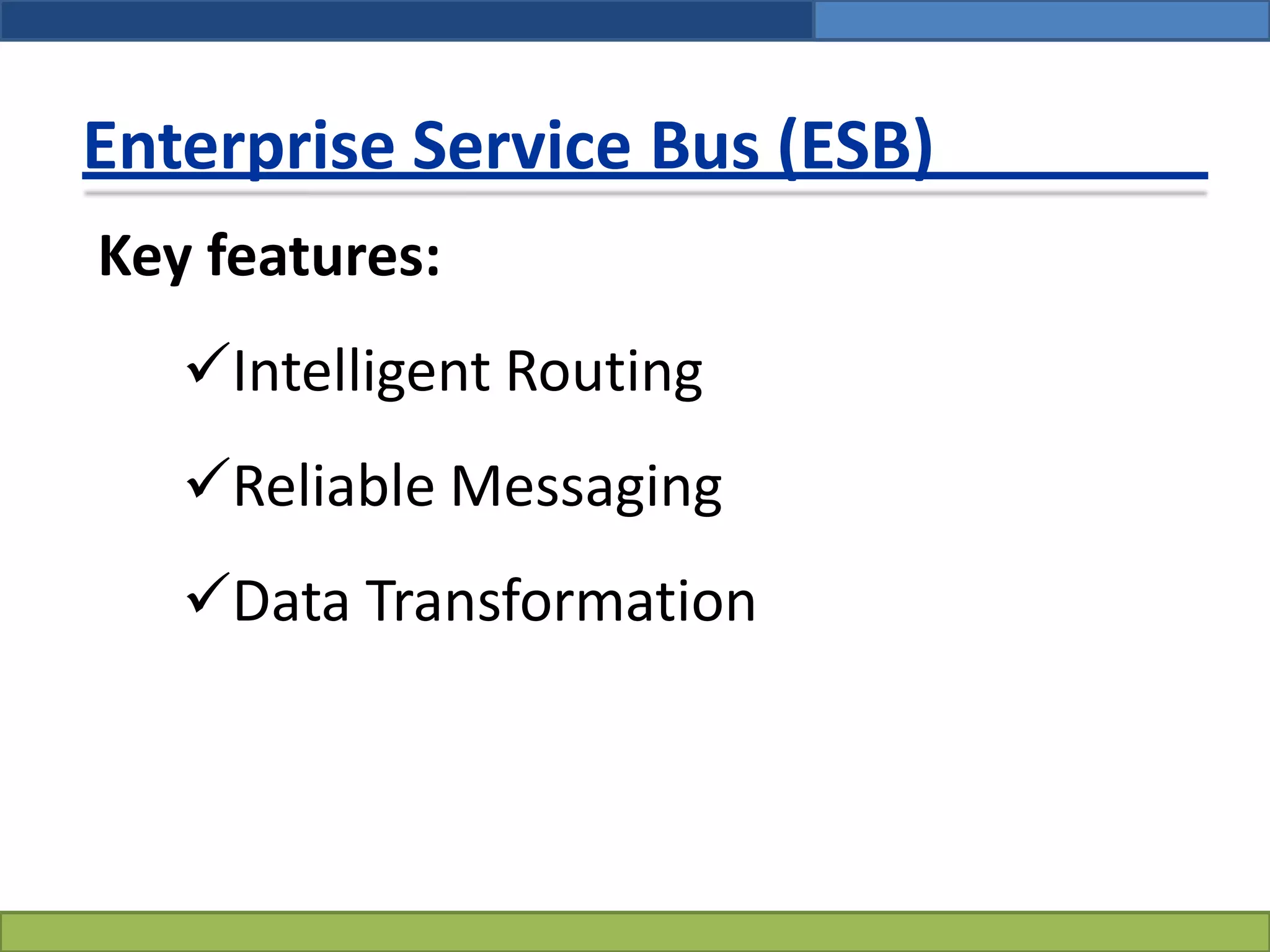 Enterprise Service Bus (ESB)
Key features:
Intelligent Routing
Reliable Messaging
Data Transformation
 