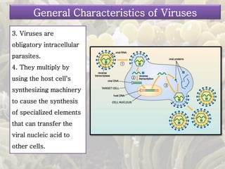 3. Viruses are
obligatory intracellular
parasites.
4. They multiply by
using the host cell's
synthesizing machinery
to cause the synthesis
of specialized elements
that can transfer the
viral nucleic acid to
other cells.
General Characteristics of Viruses
 