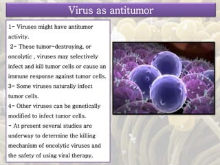 1- Viruses might have antitumor
activity.
2- These tumor-destroying, or
oncolytic , viruses may selectively
infect and kill tumor cells or cause an
immune response against tumor cells.
3- Some viruses naturally infect
tumor cells.
4- Other viruses can be genetically
modified to infect tumor cells.
- At present several studies are
underway to determine the killing
mechanism of oncolytic viruses and
the safety of using viral therapy.
Virus as antitumor
 