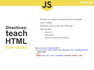 

Directive is a unique and powerful feature, available
only in Angular



Directives let you invent new HTML tags



They can add:


Behaviors



Data Binding



Replace or extend HTML elements

<div ng-controller="AlertDemoCtrl">
<alert ng-repeat="alert in alerts" type="alert.type" close="closeAlert($index)">
{{alert.msg}}
</alert>
<button class='btn' ng-click="addAlert()">Add Alert</button></div>

 