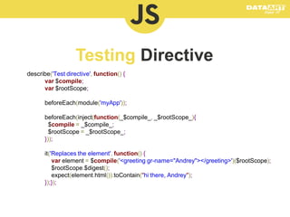 describe('Test directive', function() {
var $compile;
var $rootScope;
beforeEach(module('myApp'));

beforeEach(inject(function(_$compile_, _$rootScope_){
$compile = _$compile_;
$rootScope = _$rootScope_;
}));
it('Replaces the element', function() {
var element = $compile('<greeting gr-name="Andrey"></greeting>')($rootScope);
$rootScope.$digest();
expect(element.html()).toContain("hi there, Andrey");
});});

 