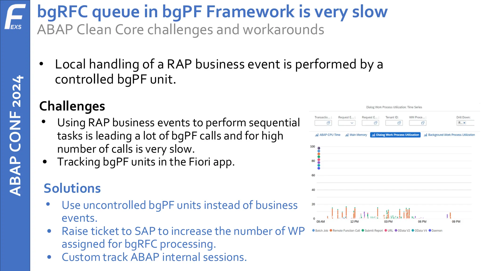 ABAP
CONF
2024 bgRFC queue in bgPF Framework is very slow
ABAP Clean Core challenges and workarounds
• Local handling of a RAP business event is performed by a
controlled bgPF unit.
Challenges
• Using RAP business events to perform sequential
tasks is leading a lot of bgPF calls and for high
number of calls is very slow.
• Tracking bgPF units in the Fiori app.
Solutions
• Use uncontrolled bgPF units instead of business
events.
• Raise ticket to SAP to increase the number of WP
assigned for bgRFC processing.
• Custom track ABAP internal sessions.
 