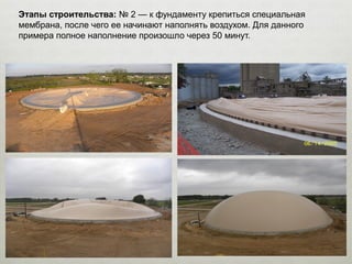Этапы строительства: № 2 — к фундаменту крепиться специальная
мембрана, после чего ее начинают наполнять воздухом. Для данного
примера полное наполнение произошло через 50 минут.
 